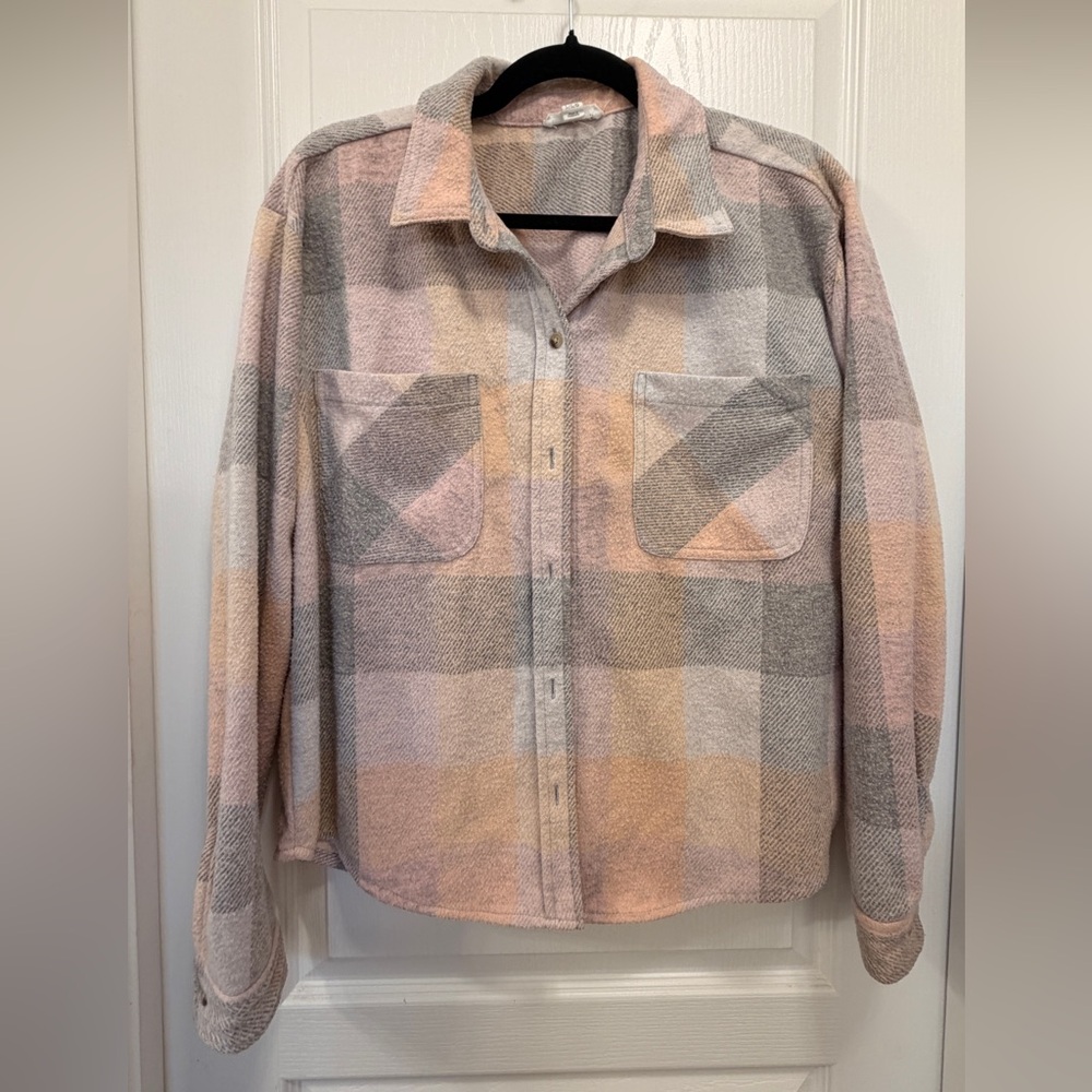 beachlunchlounge Pink Orange & Gray Plaid Flannel Shirt Large